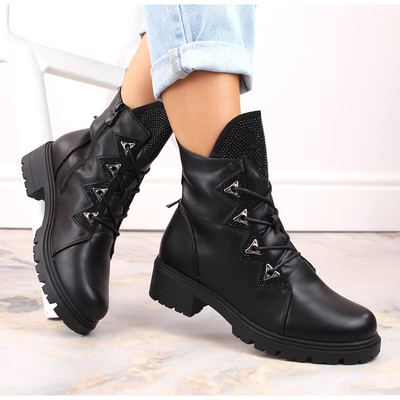 Women's black insulated ankle boots with zircons S.Barski HY93-52A 1