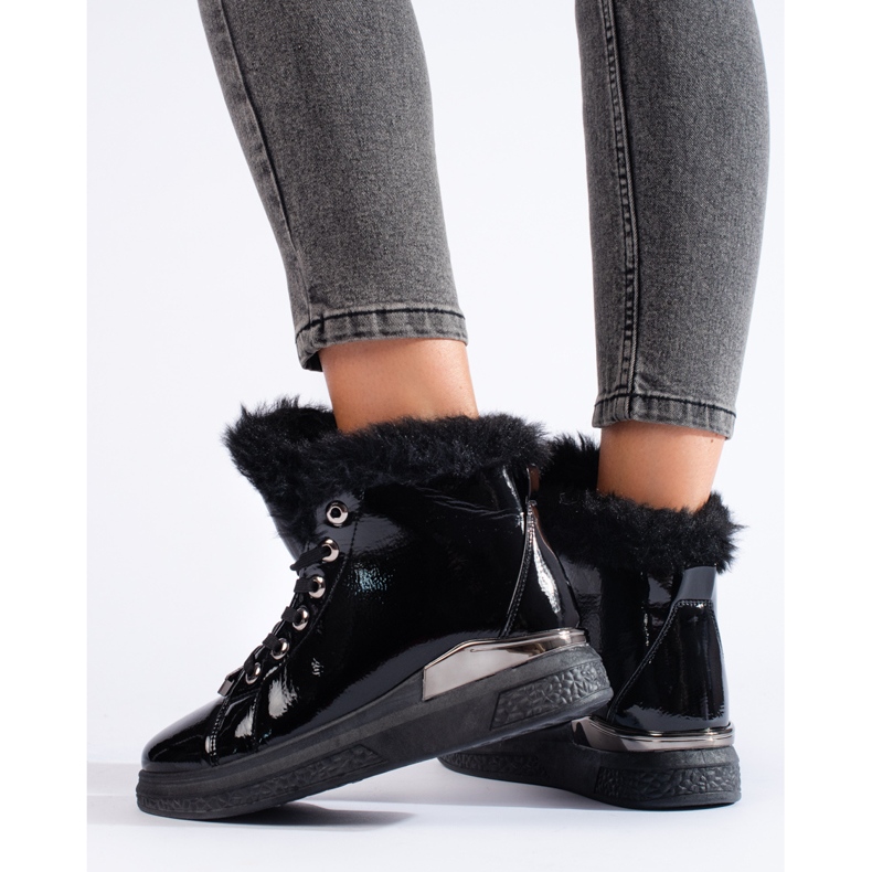 Shelovet black lace-up ankle boots with fur 1