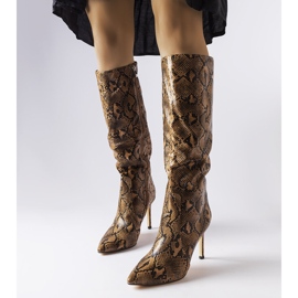 Carmine brown snakeskin high heel boots 1