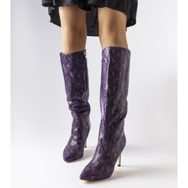 Carmine purple snakeskin high heel boots 1
