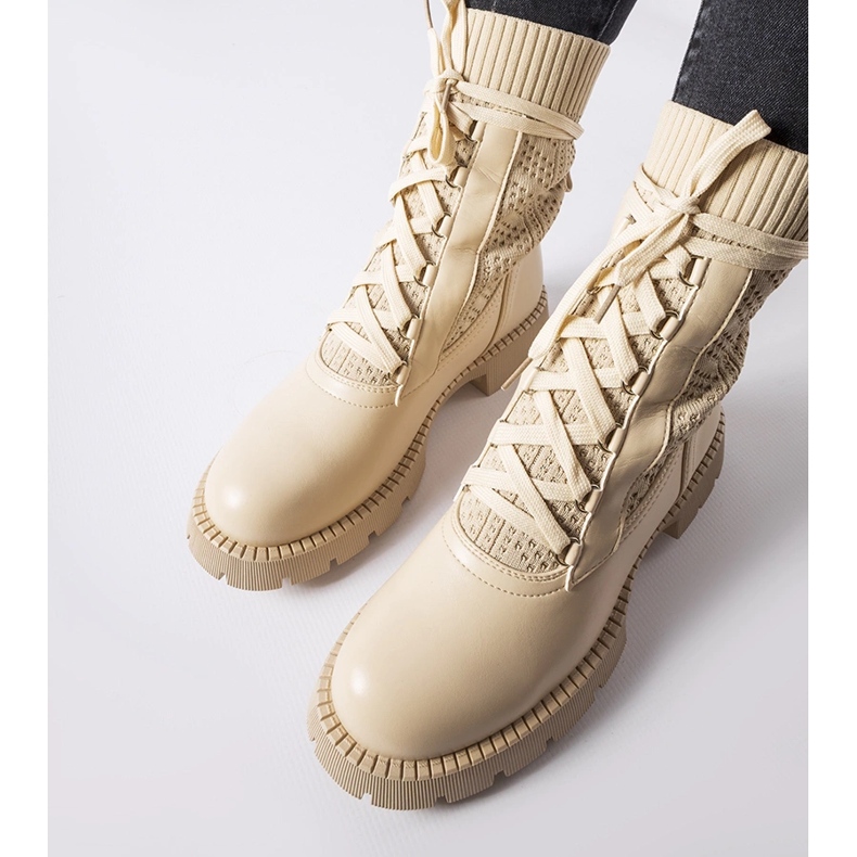 Beige openwork sock boots by Portico 1