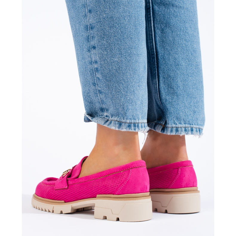 Shelovet suede openwork moccasins, fuchsia pink 1