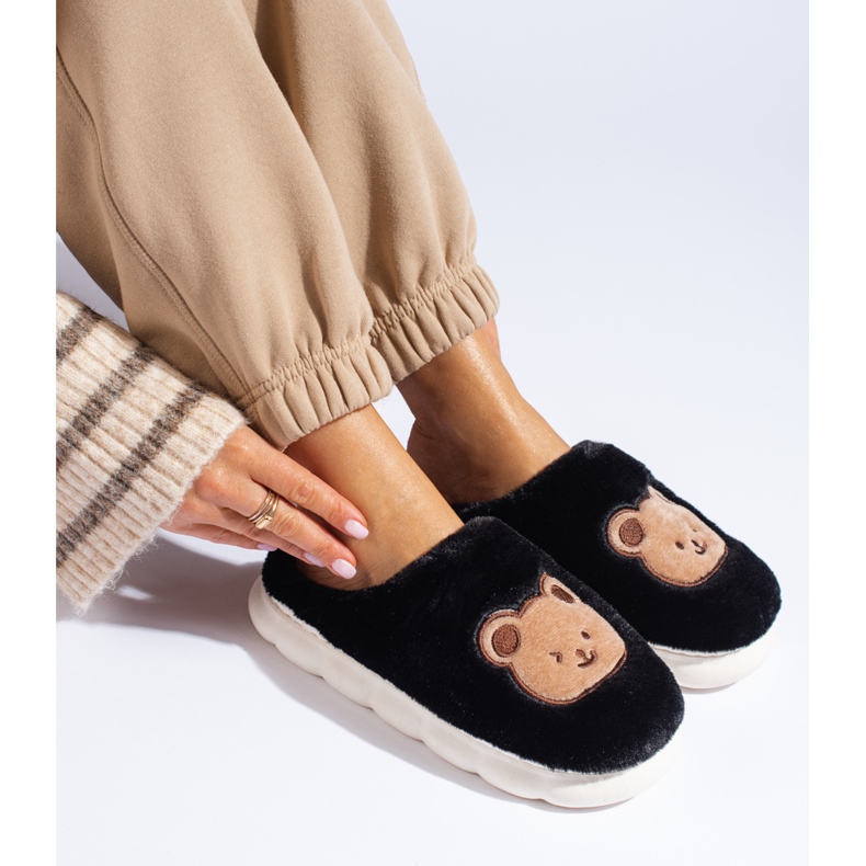 Black fur slippers with a teddy bear 1
