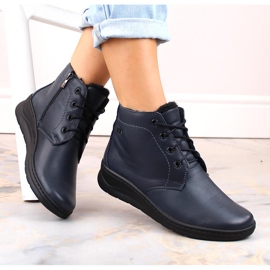 Women's leather, lace-up and zippered insulated ankle boots, navy blue Helios 584 1