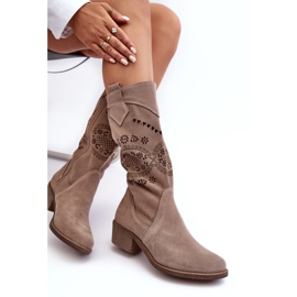 PA2 Suede Boots With Openwork Cappuccino Sierra Pattern beige 1