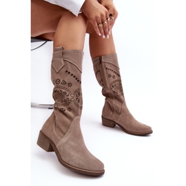 PA2 Suede Boots With Openwork Cappuccino Sierra Pattern beige 2