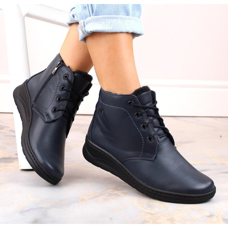 Helios W H584C insulated leather boots with laces and zipper, navy blue 1