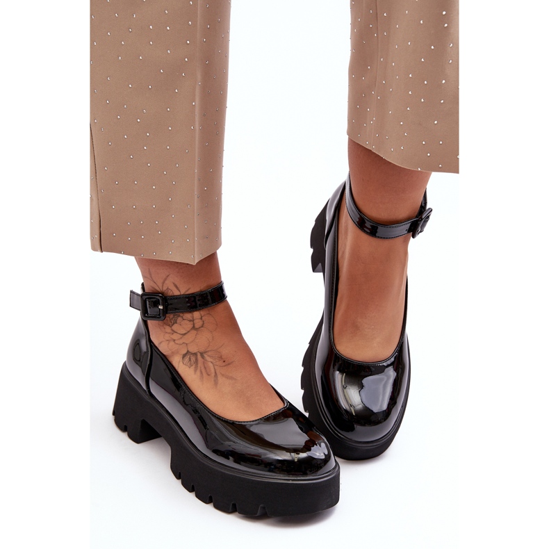 WS1 Women's Patent Leather Shoes with a Low Heel and a Buckle, Black by Owena 1