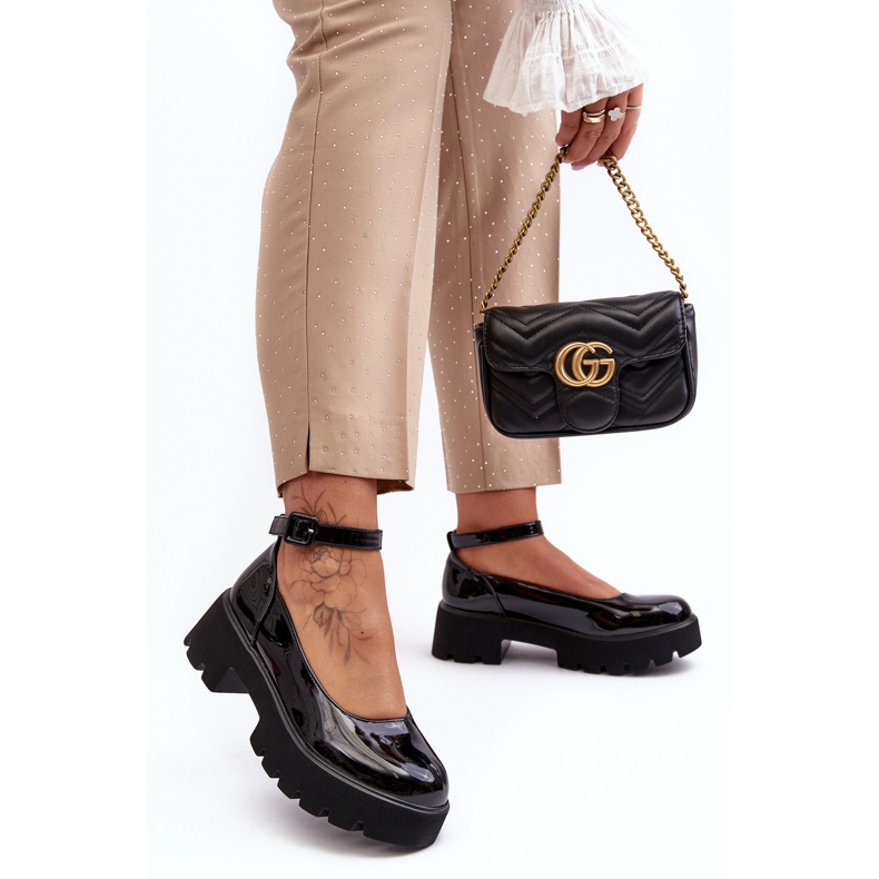 WS1 Women's Patent Leather Shoes with a Low Heel and a Buckle, Black by Owena 2