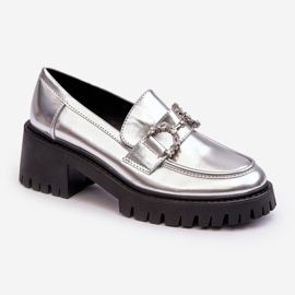 Women's Leather Shoes with Chunky High Heels, Silver Lemmitty 1