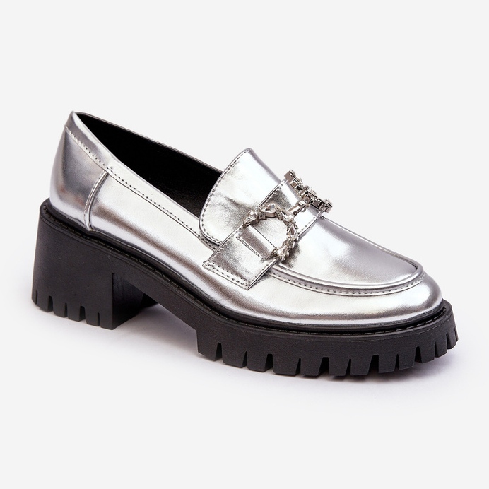 Women's Leather Shoes with Chunky High Heels, Silver Lemmitty 1