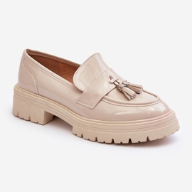 Patent Loafer Shoes With Fringes, Light Beige Velenase 1