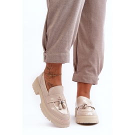 Patent Loafer Shoes With Fringes, Light Beige Velenase 2