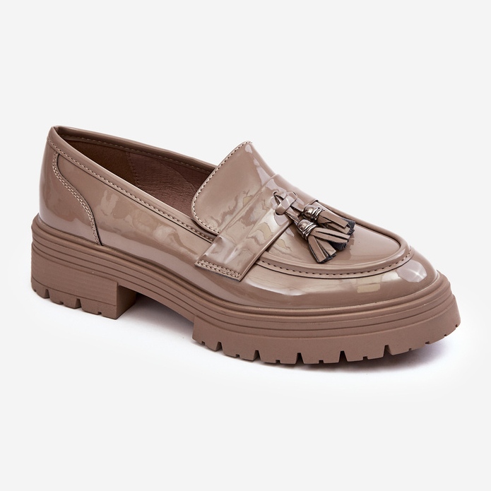 Patent leather loafers with fringes, dark beige Velenase 1