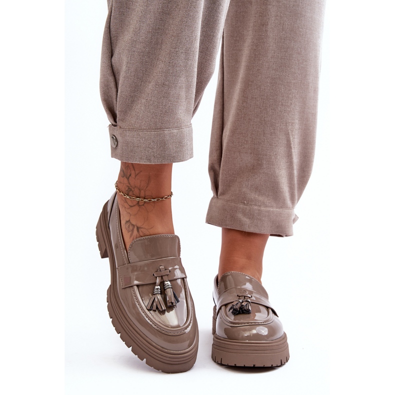 Patent leather loafers with fringes, dark beige Velenase 2