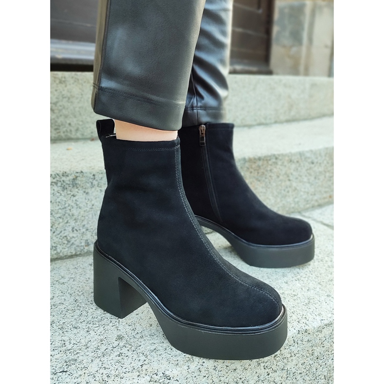 Black women's ankle boots made of natural leather with a high heel platform 1