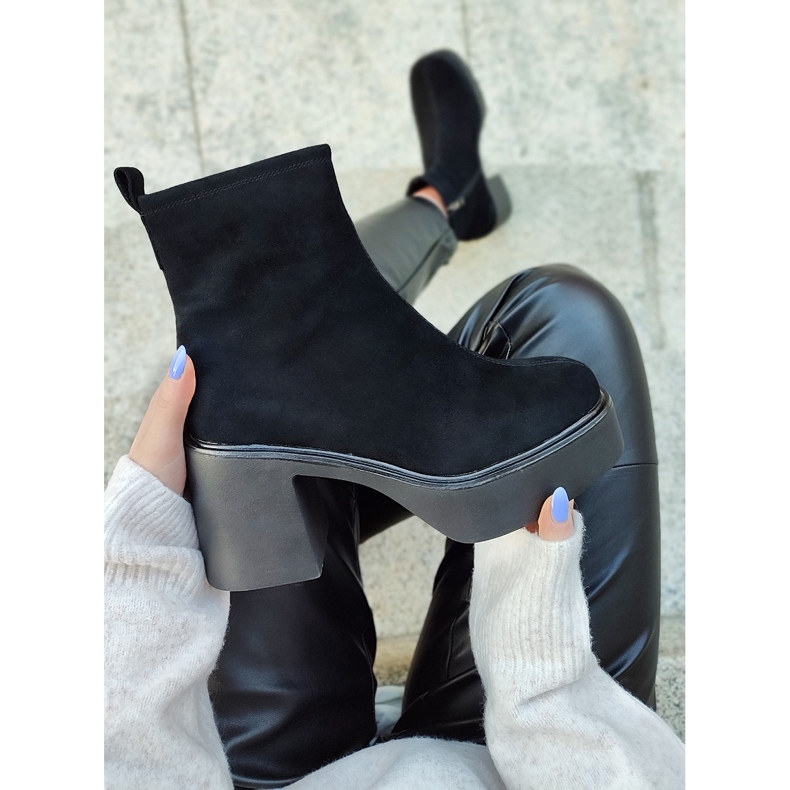 Black women's ankle boots made of natural leather with a high heel platform 2