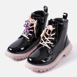 Evento Black and pink patent boots with an Orso teddy bear 1 Evento Black and pink patent boots with an Orso teddy bear 1