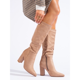 Classic beige boots for women on the Shelovet post made of ecological suede brown 1 Classic beige boots for women on the Shelovet post made of ecological suede brown 1