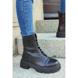 Women's openwork black lace-up boots 2