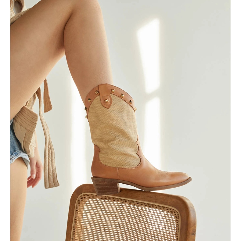 Marco Shoes Cowboy boots in combination of leather and linen fabric 2186B + J-003-1266-4 beige 1