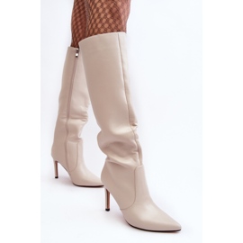 Beige Leather High Heel Boots meliskindra 2