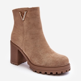 WJ2 Women's Suede High Heel Ankle Boots With Decoration, Beige Strong 1