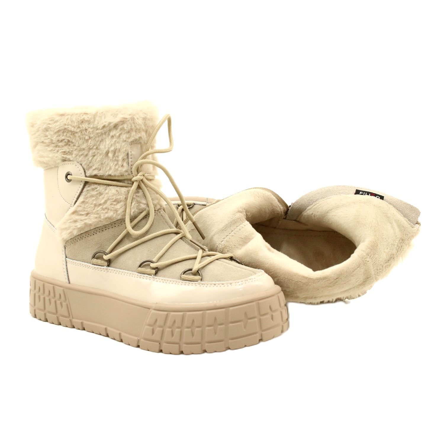 Filippo Lace up snow boots with patent fur beige KeeShoes