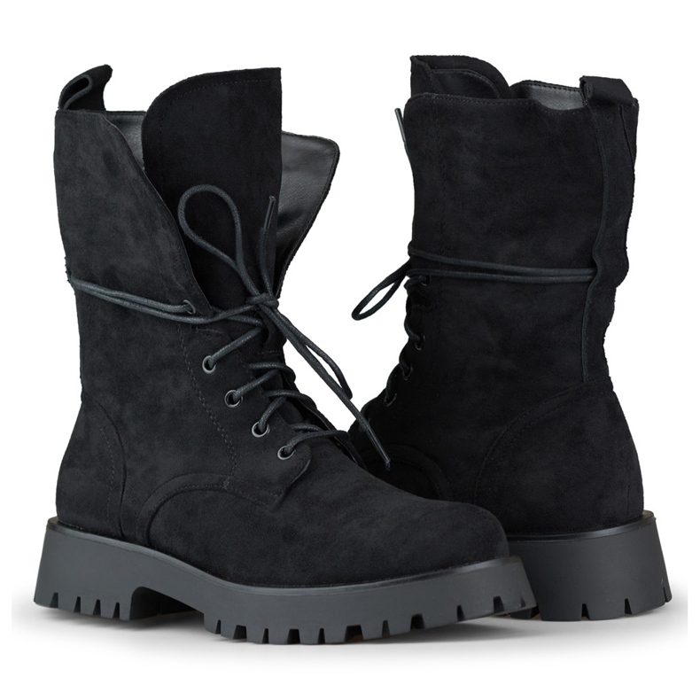 Women's black suede lace-up worker boots beige 1