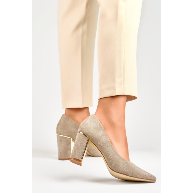 Women's light suede pumps with a comfortable high heel beige 2