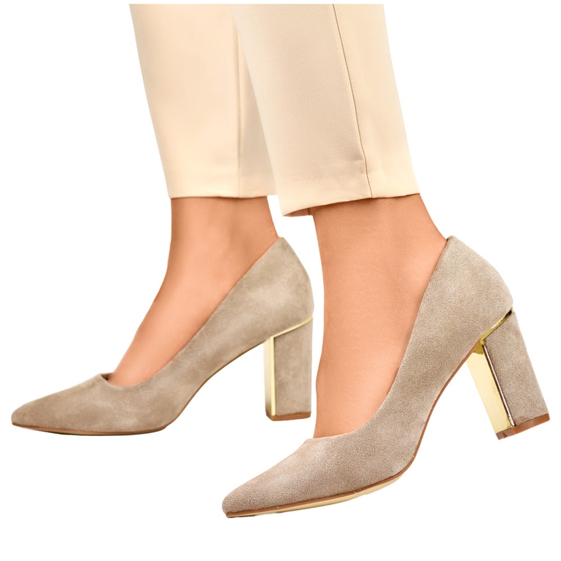 Women's light suede pumps with a comfortable high heel beige 1