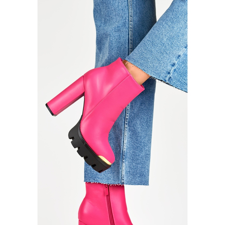 Pink women's high ankle boots with a thick heel 2