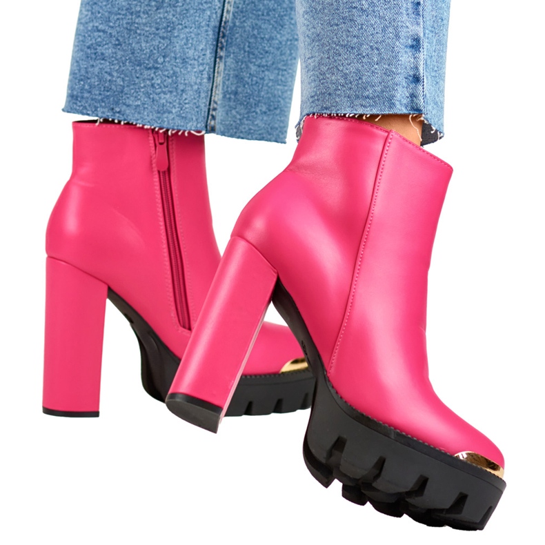 Pink women's high ankle boots with a thick heel 1