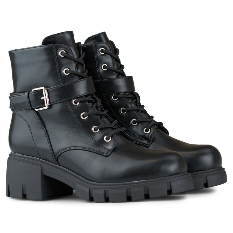 Black lace-up ankle boots made of eco-leather with a low heel 1