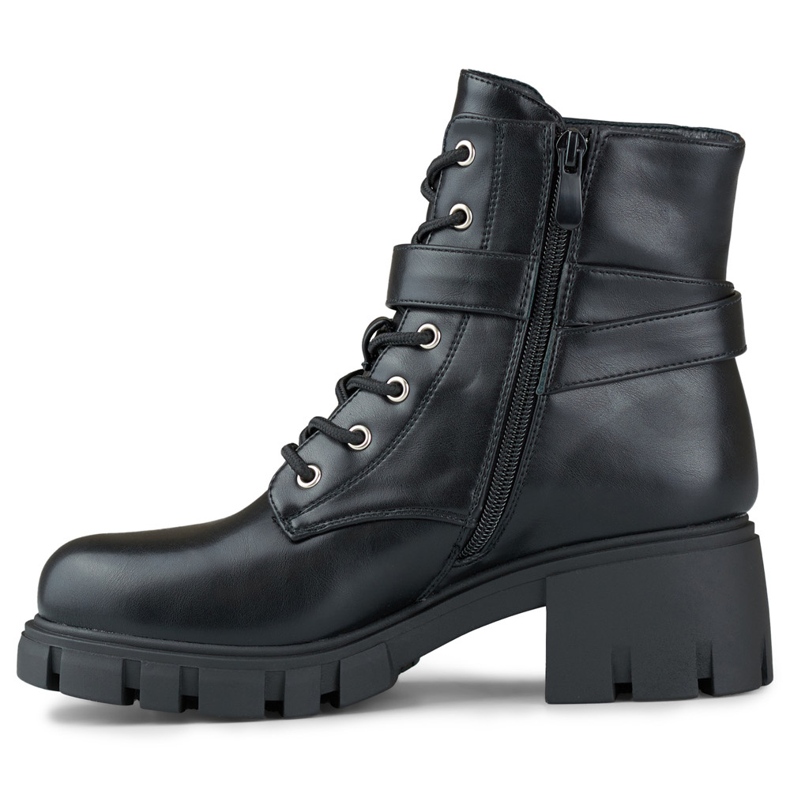 Black lace-up ankle boots made of eco-leather with a low heel 2
