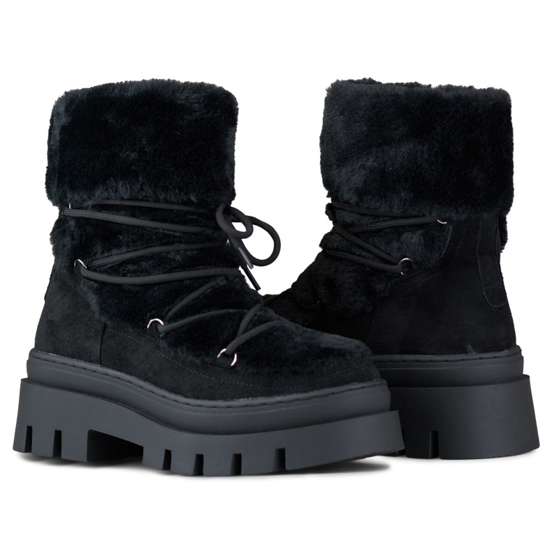 Women's black fur snow boots with decorative lacing 1