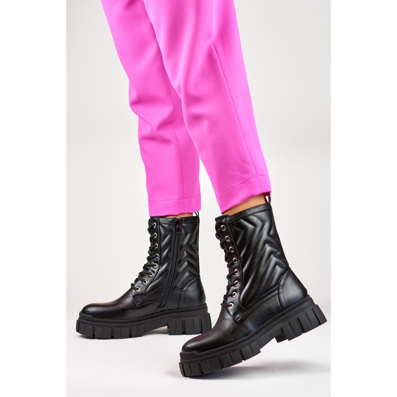 Women's black lace-up workers' boots with a decorative upper 1