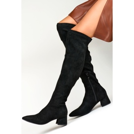Black suede boots above the knee with a low heel 1