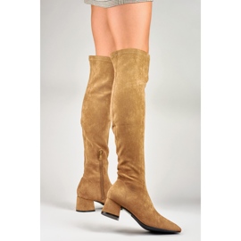 Suede boots above the knee with a low heel brown 2