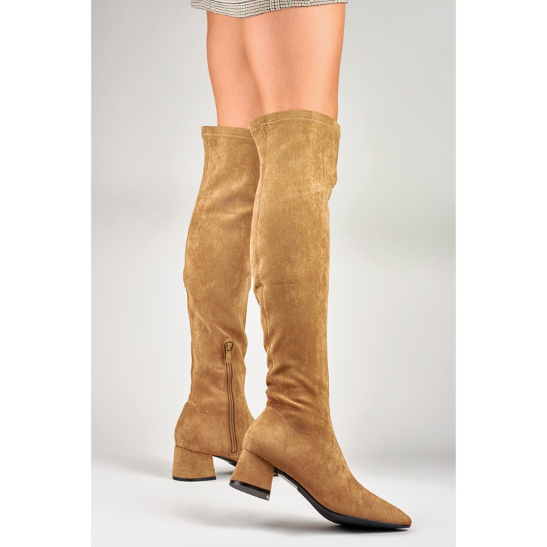 Suede boots above the knee with a low heel brown 2