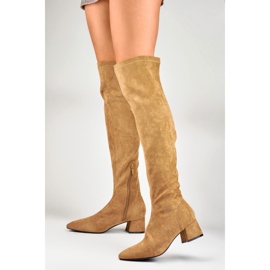 Suede boots above the knee with a low heel brown 1