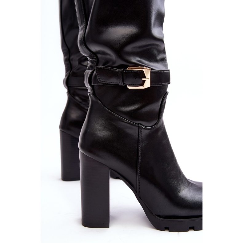 Leather Women's High Heel Boots With Buckle Black Bordda 1