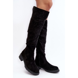 Decorated Women's Over-the-Knee Boots with Flat Heels, Black Cintya 1