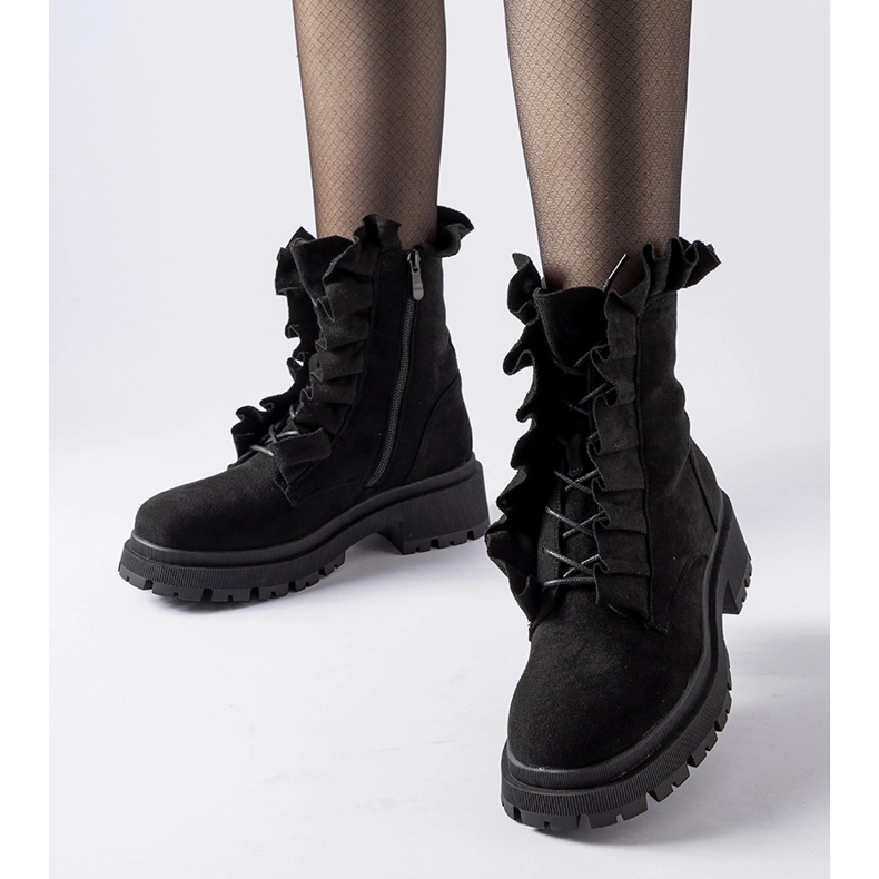 Black ankle boots with ruffles, Sterpito eco-suede 1