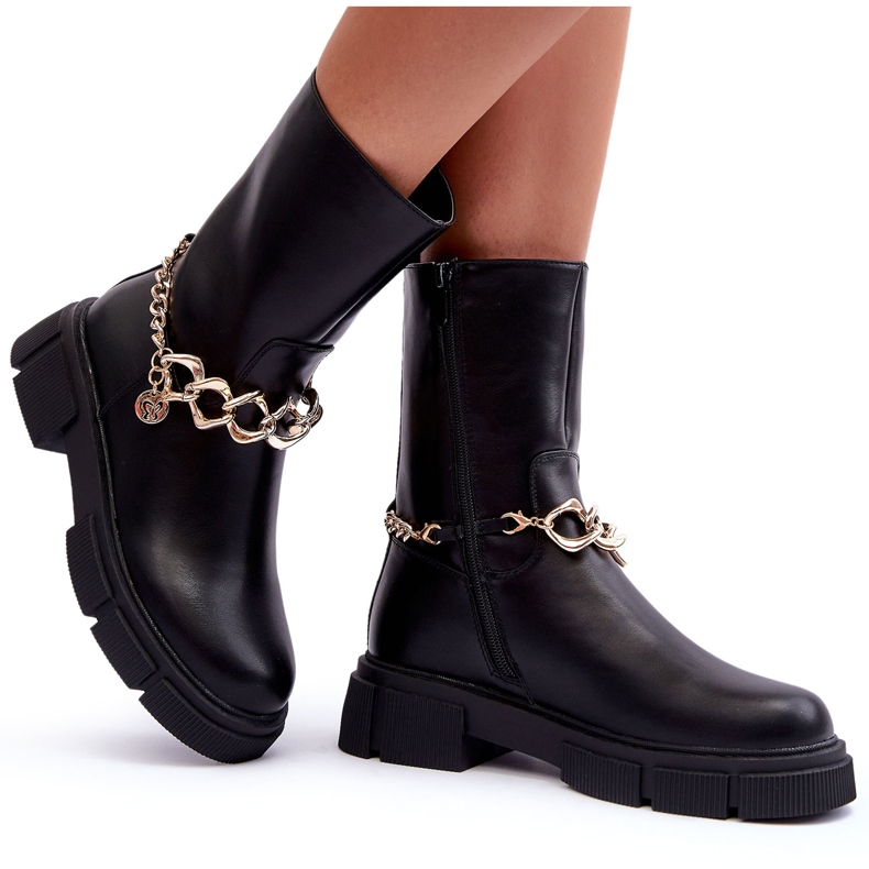 Leather High Boots With Chain Black Pugen 7