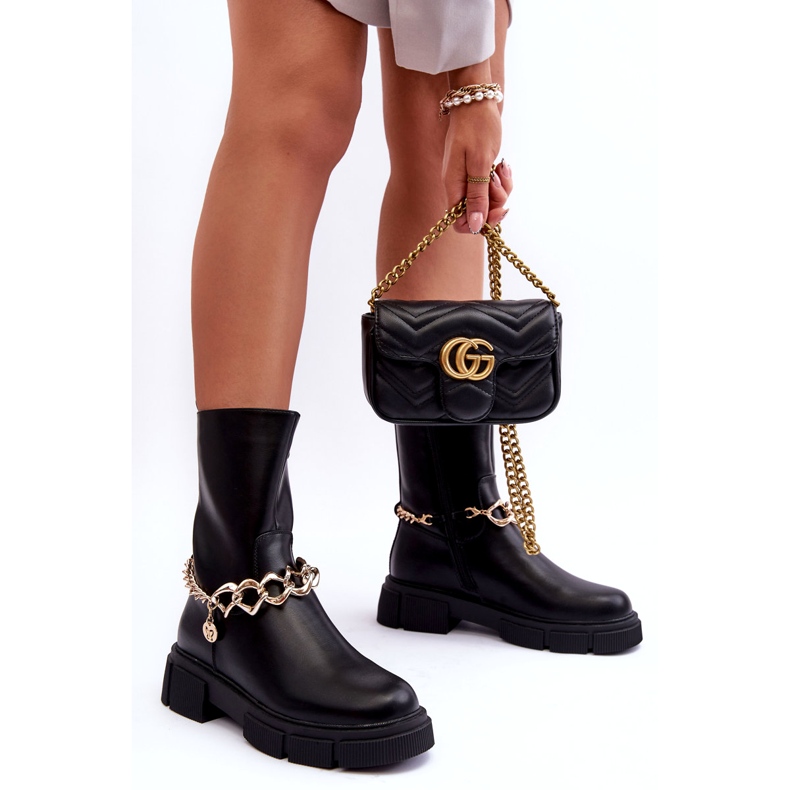 Leather High Boots With Chain Black Pugen 5