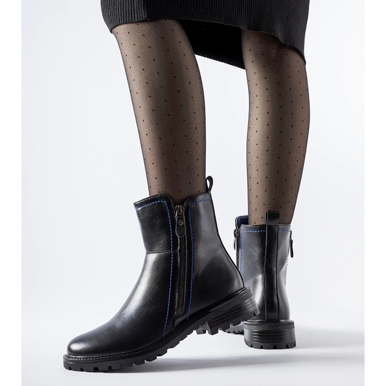 Black ankle boots with decorative blue Nereo thread 1