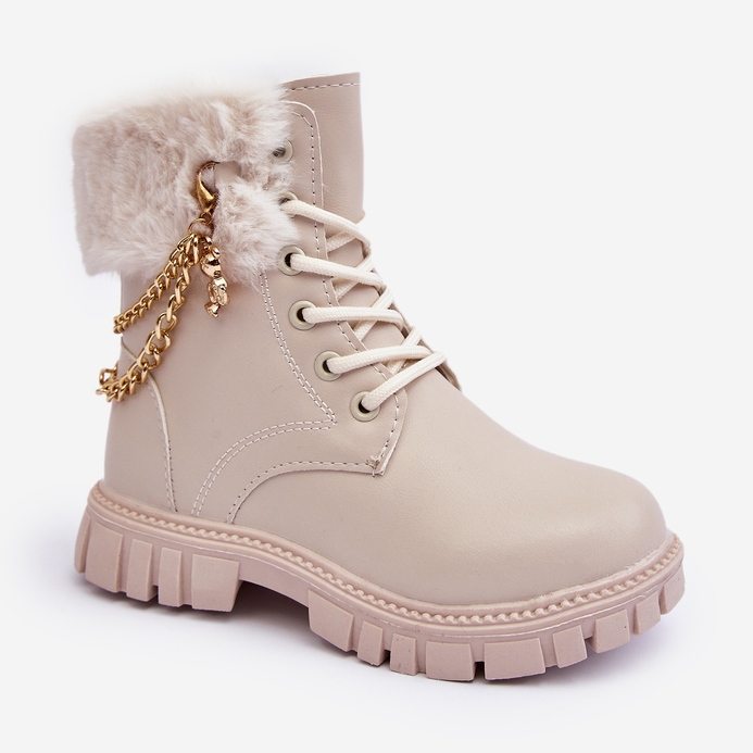 Leather warm children's ankle boots with a chain, Beige Cadia 1
