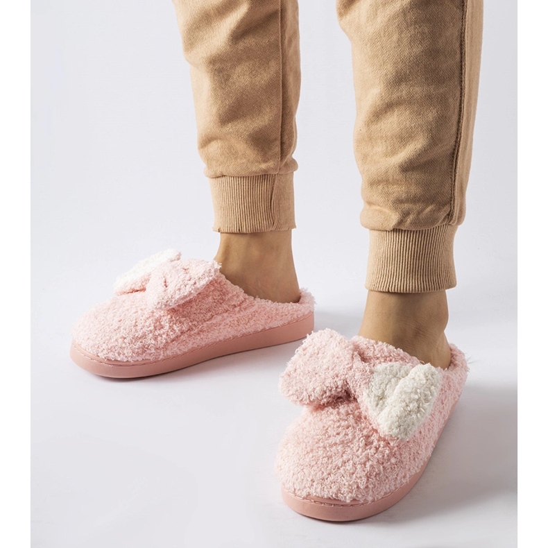 Pink warm slippers with a bow 1
