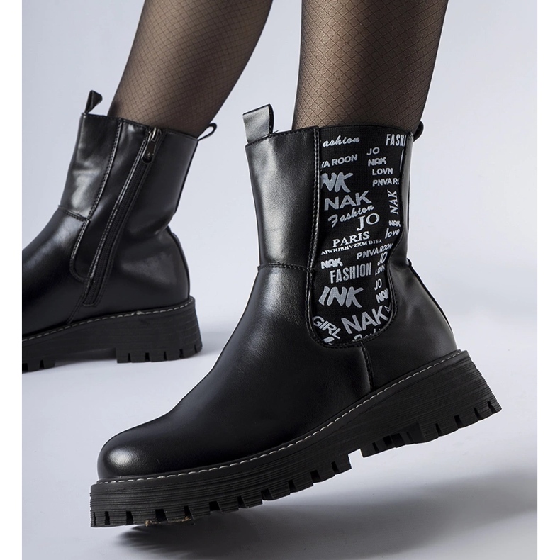 Black insulated ankle boots with inscriptions 1